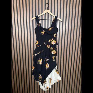 A.L.C. Natalia Dress 0 / XS Womens Black Floral Ruffled Trim Midi 100% Silk